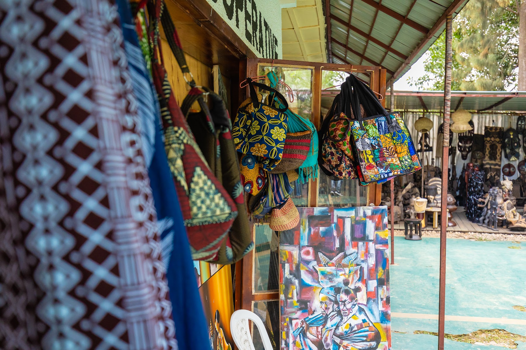 Colourful Rwandan crafts displayed at a Kigali market stall